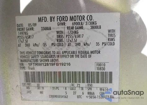 2009 Ford F-150 Xl/Xlt из США, поврежденный, VIN 1FTRW12819FB19216